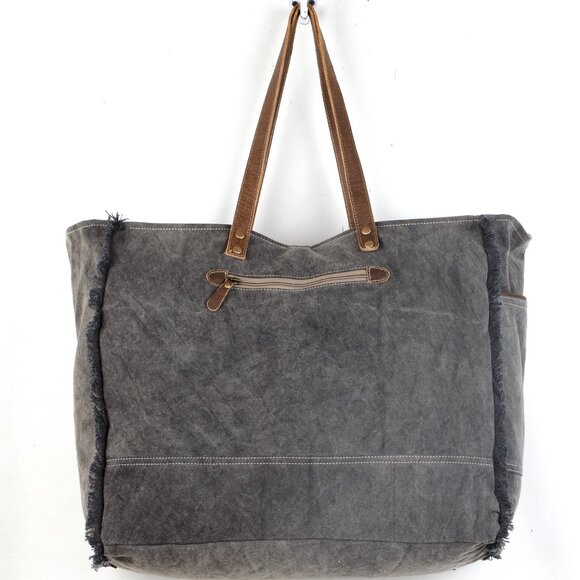 Myra Bag Weekender Bag Tote Leather Canvas Handcrafted Geometric Travel - NWT - Picture 2 of 5